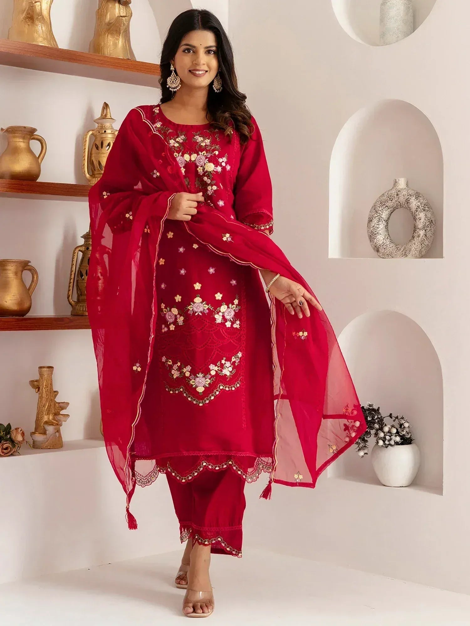 Red embroidered salwar kameez with floral design and matching dupatta, ideal for ethnic occasions