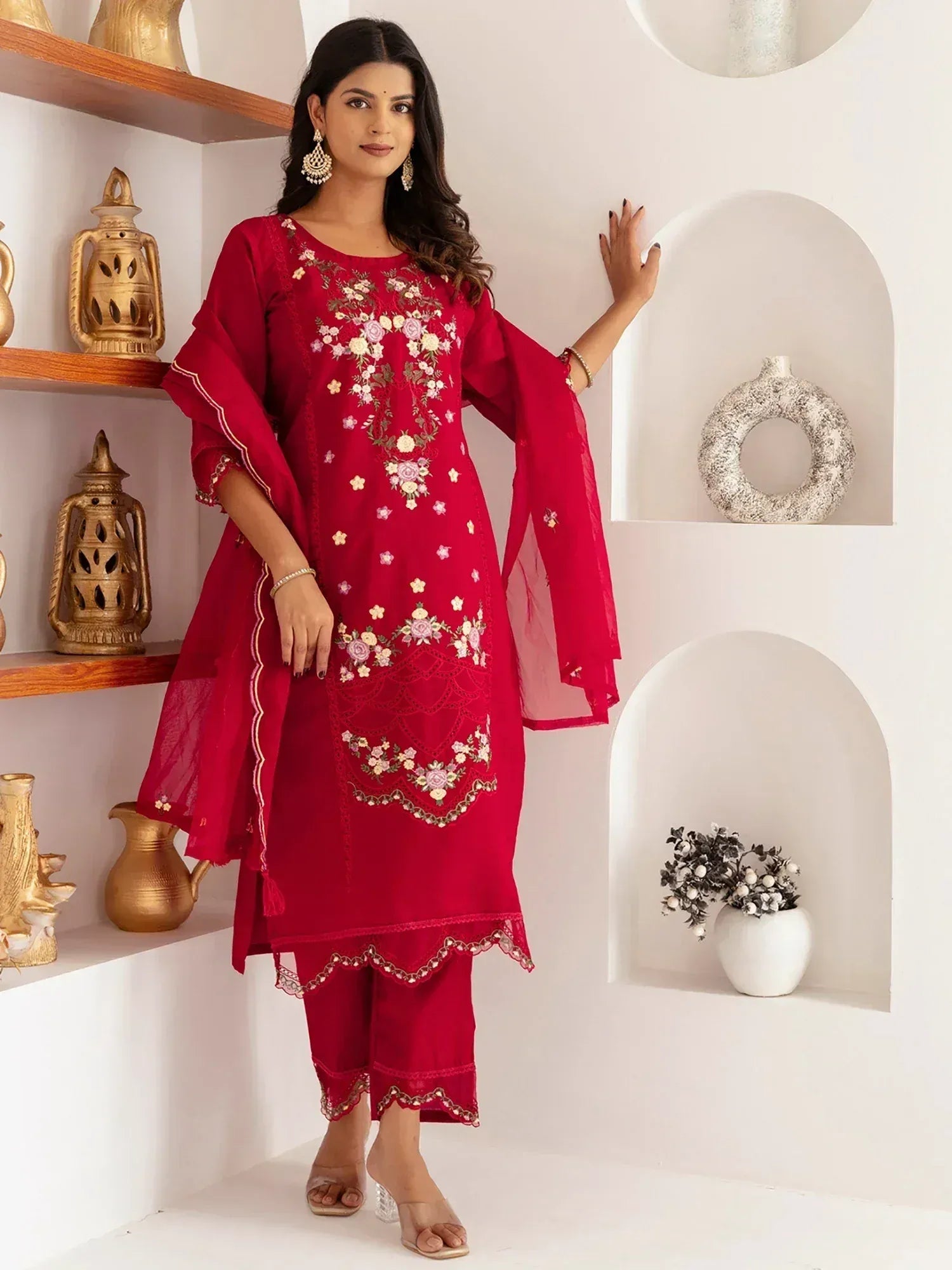 Red embroidered salwar kameez with floral design, perfect for Indian ethnic wear and festive occasions
