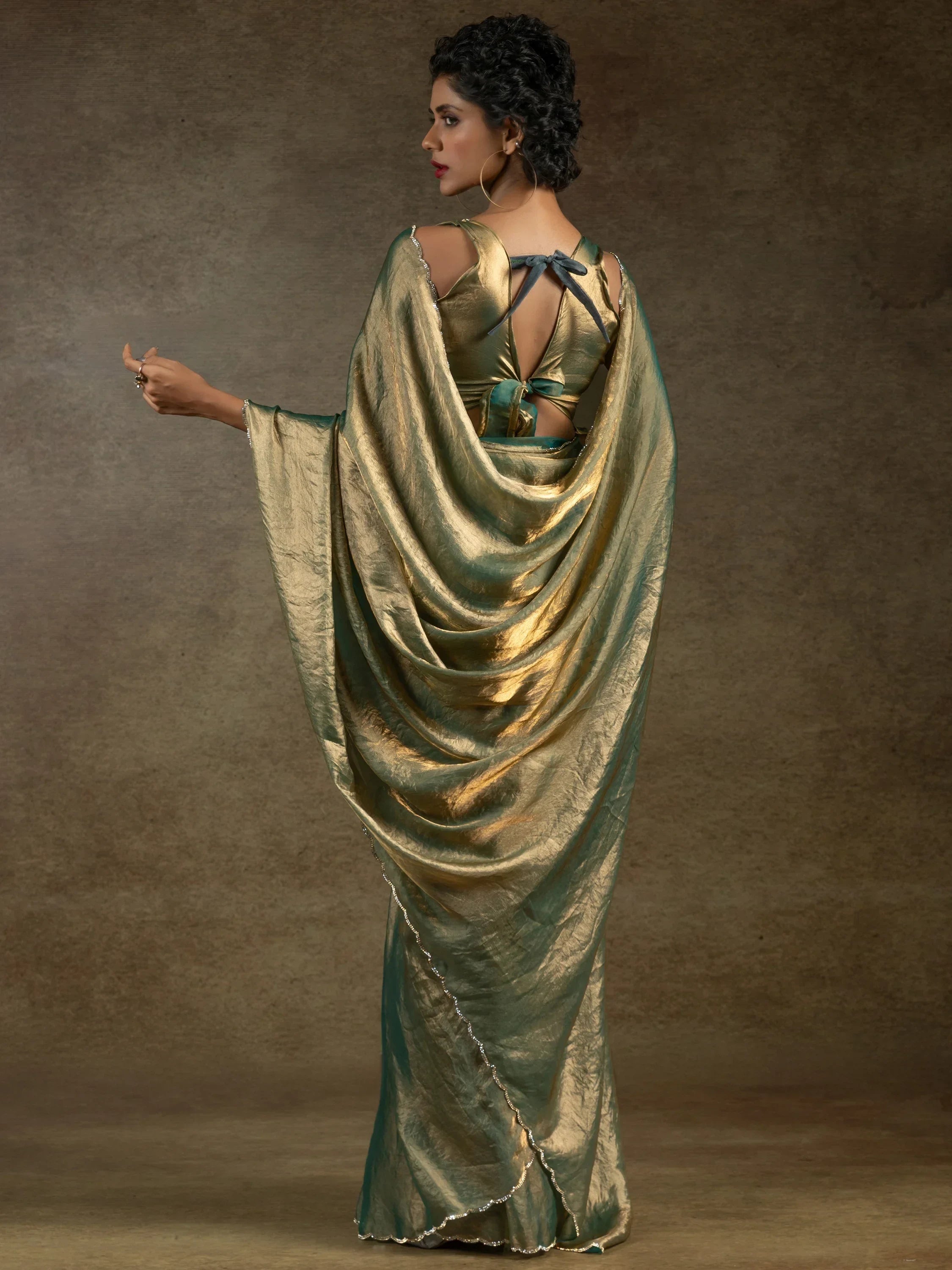 Wonderful Teal Blue Border Work Satin Pre-Stitched Saree With Blouse