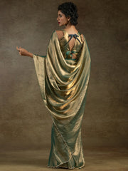 Wonderful Teal Blue Border Work Satin Pre-Stitched Saree With Blouse