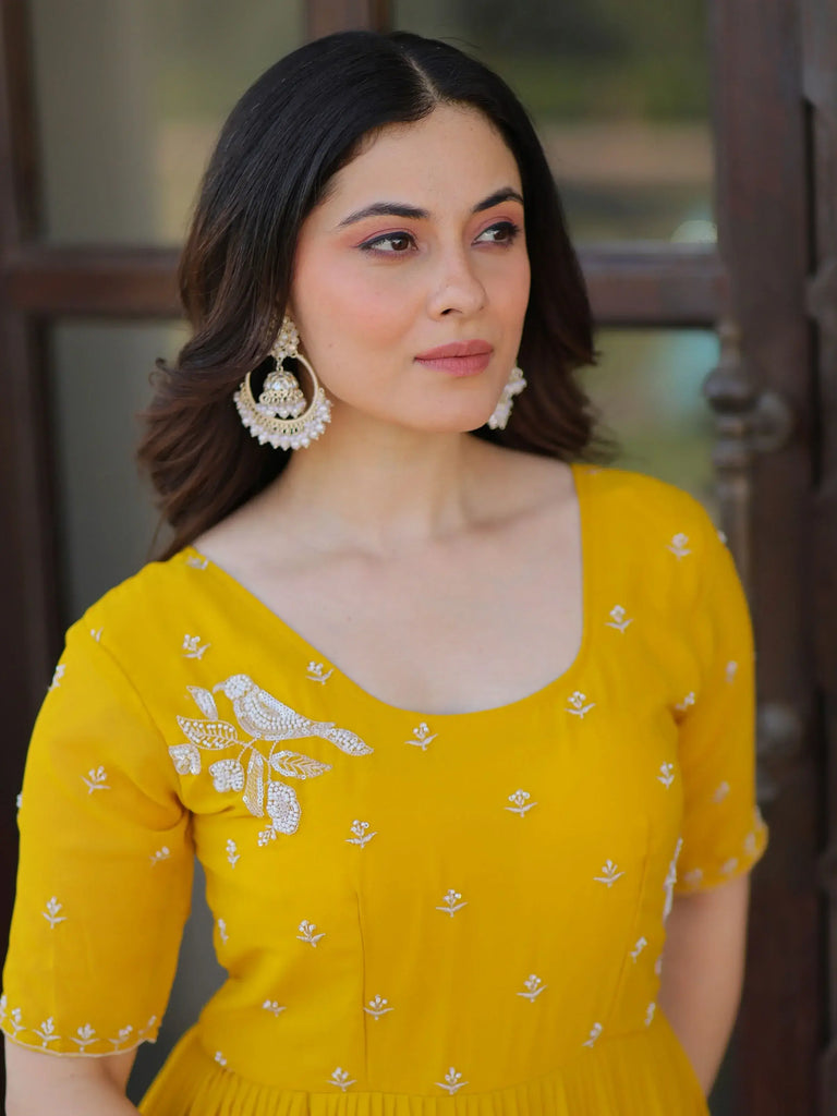 Sweet Yellow Embroidered Georgette Traditional Gown