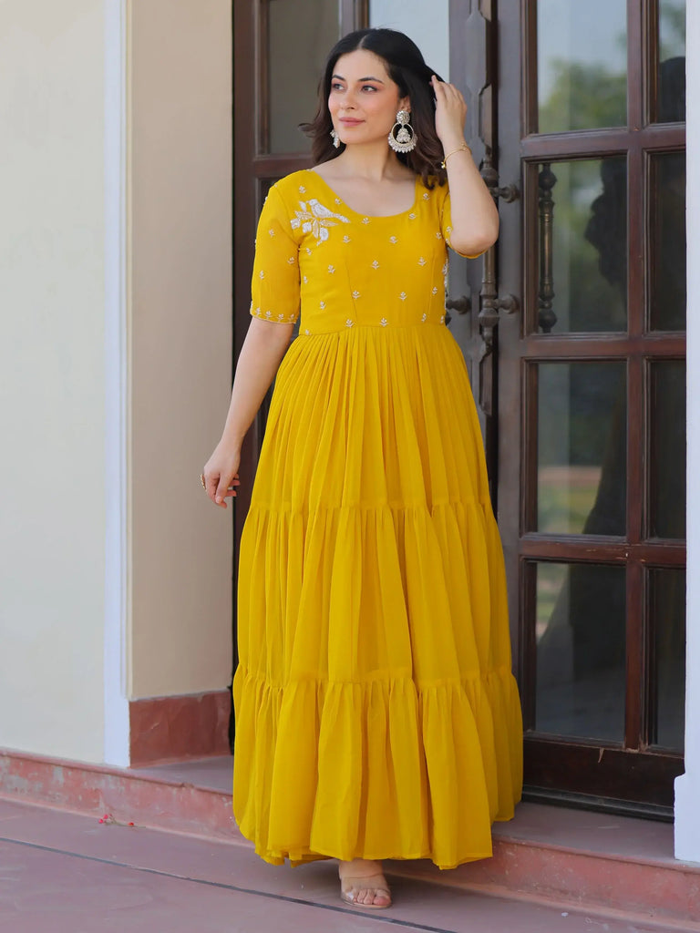 Sweet Yellow Embroidered Georgette Traditional Gown