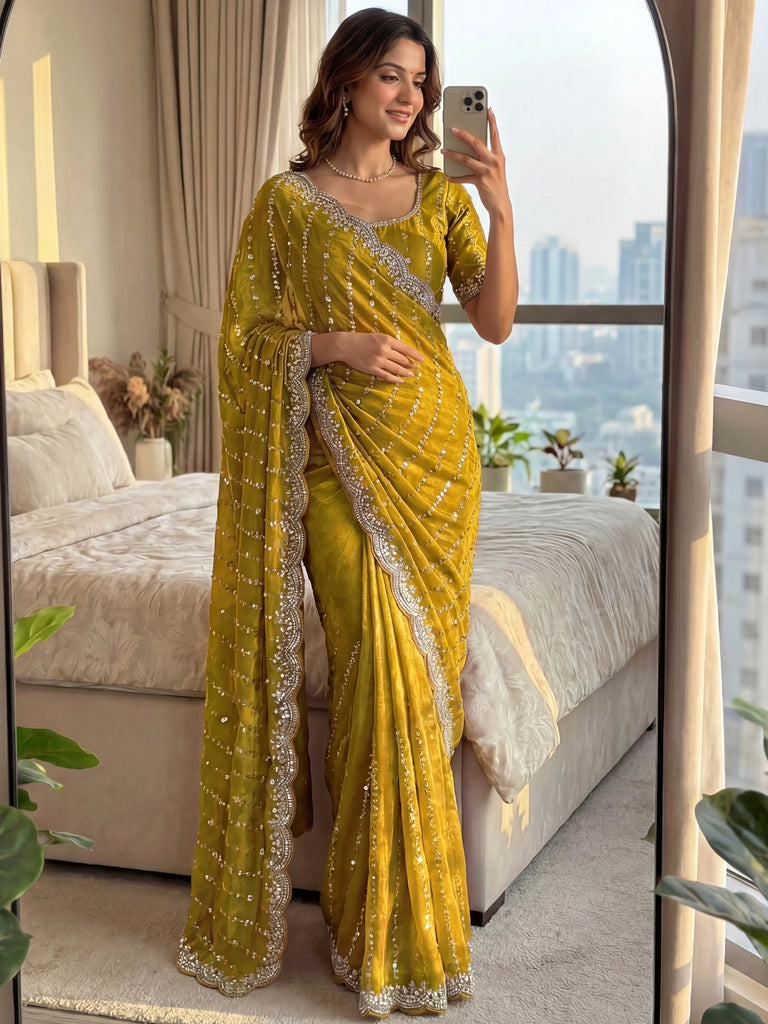 Captivating Yellow Beads Work Satin Party Wear Saree With Blouse