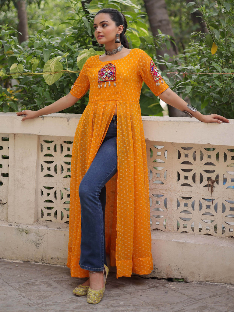Glamorous Mustard Yellow Patch Work Georgette Festival Wear Kurti