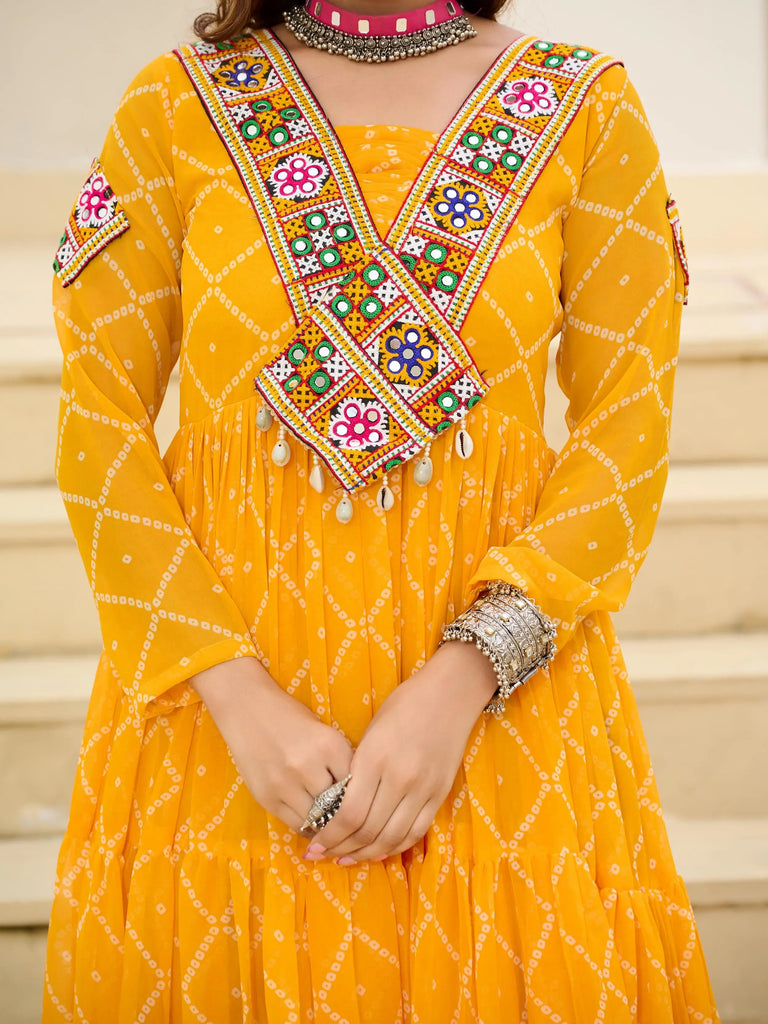 Fantastic Mustard Yellow Patch Work Georgette Navratri Wear Gown
