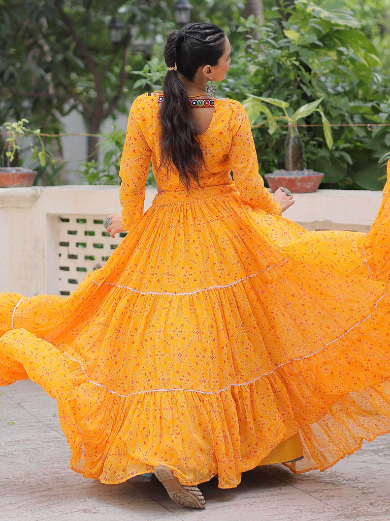 Regal Mustard Yellow Georgette Gamthi Work Crop Top Lehenga