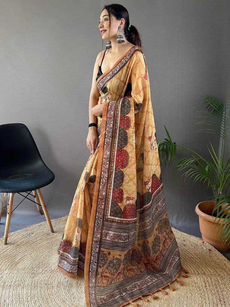 Beautiful Yellow Color Printed Silk Traditional Saree With Blouse