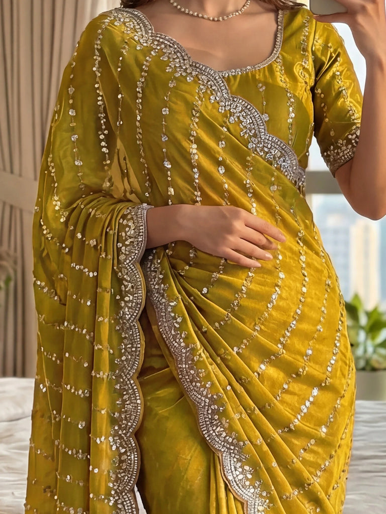 Captivating Yellow Beads Work Satin Party Wear Saree With Blouse