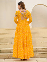Fantastic Mustard Yellow Patch Work Georgette Navratri Wear Gown