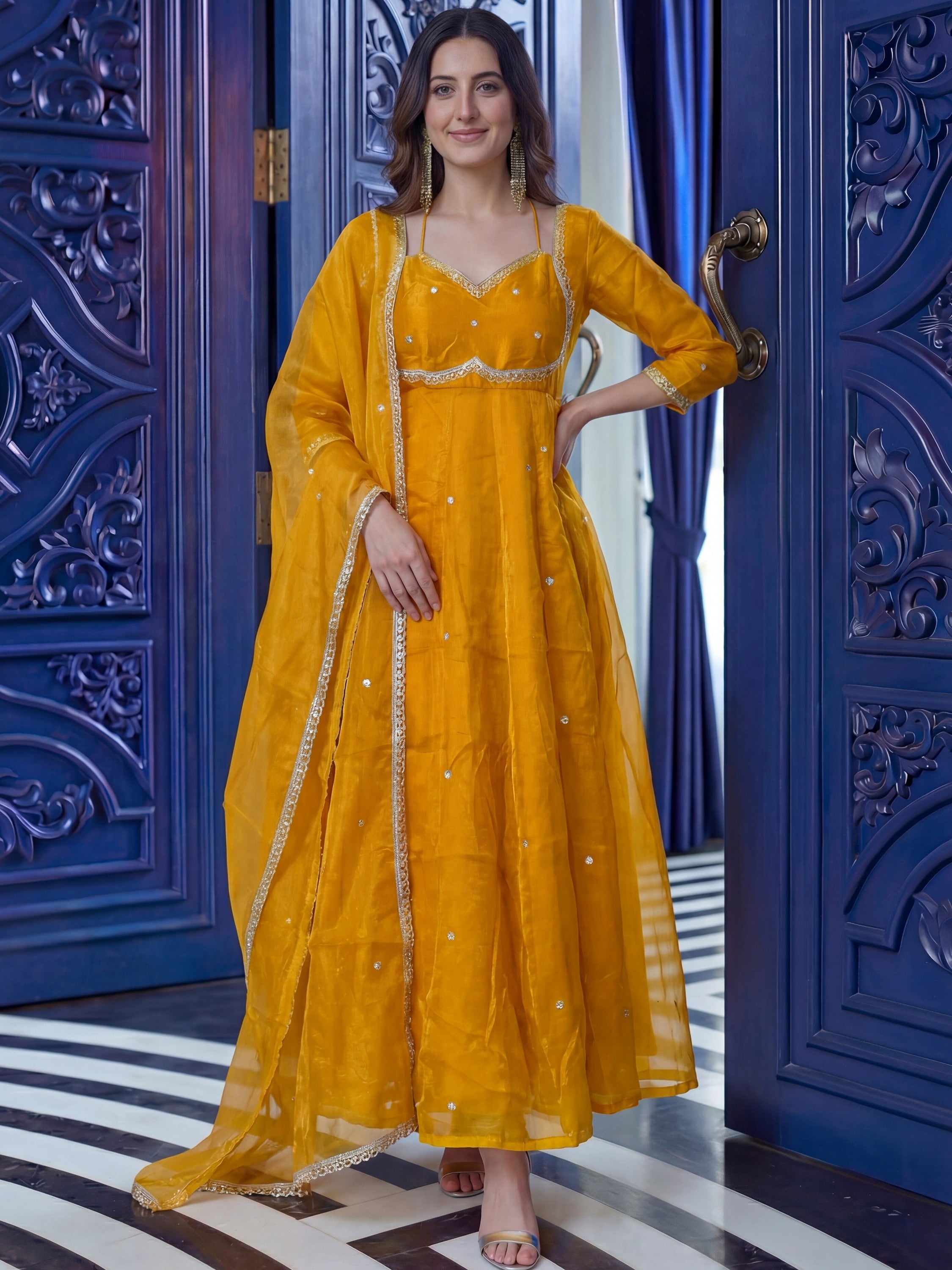 Beautiful Mustard Yellow Sequins Silk Haldi Wear Anarkali Gown
