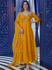 Beautiful Mustard Yellow Sequins Silk Haldi Wear Anarkali Gown