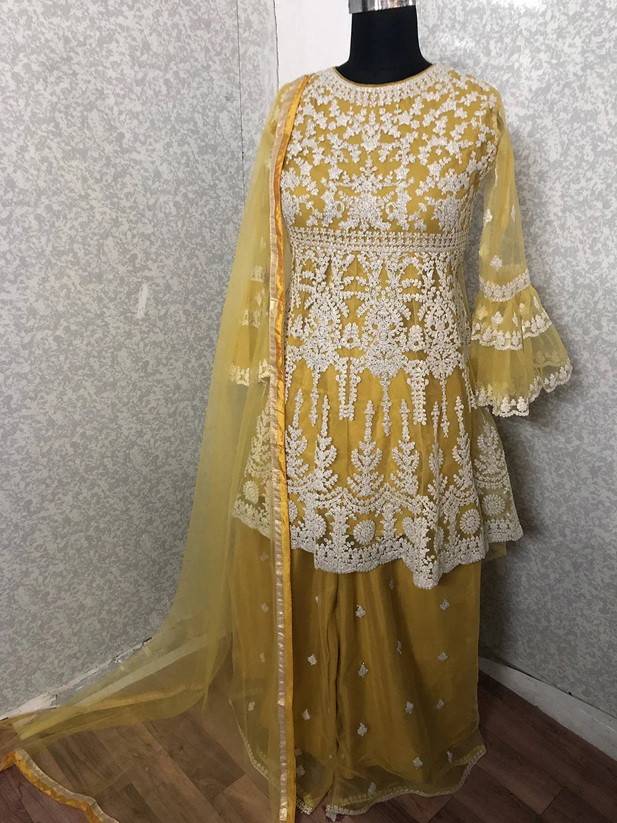 Glamorous Yellow Net Floral Embroidered Event Wear Sharara Suit