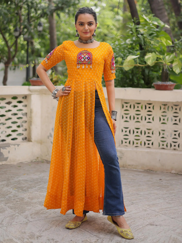 Glamorous Mustard Yellow Patch Work Georgette Festival Wear Kurti