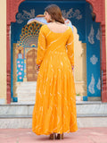 Intricate Mustard Yellow Georgette Patch Work Traditional Gown