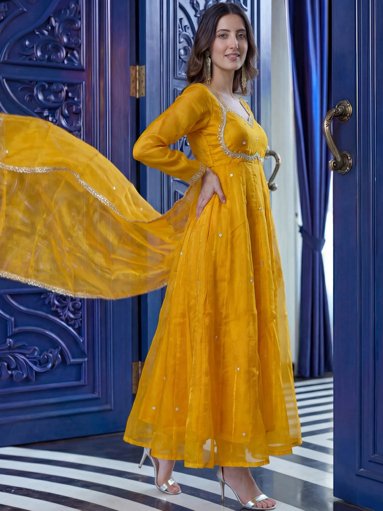 Beautiful Mustard Yellow Sequins Silk Haldi Wear Anarkali Gown