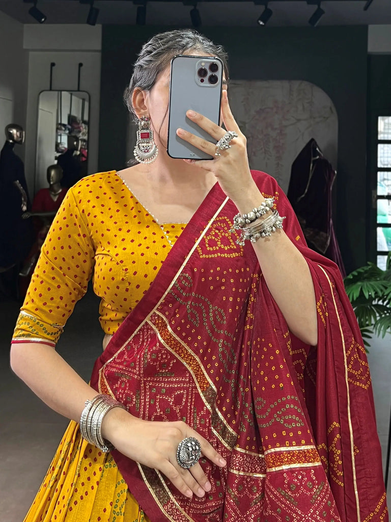 Elegant Yellow Silk Bandhani Printed Haldi Wear Lehenga Choli