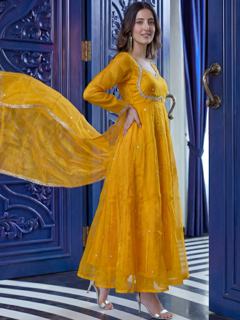 Beautiful Mustard Yellow Sequins Silk Haldi Wear Anarkali Gown