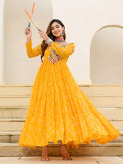 Fantastic Mustard Yellow Patch Work Georgette Navratri Wear Gown