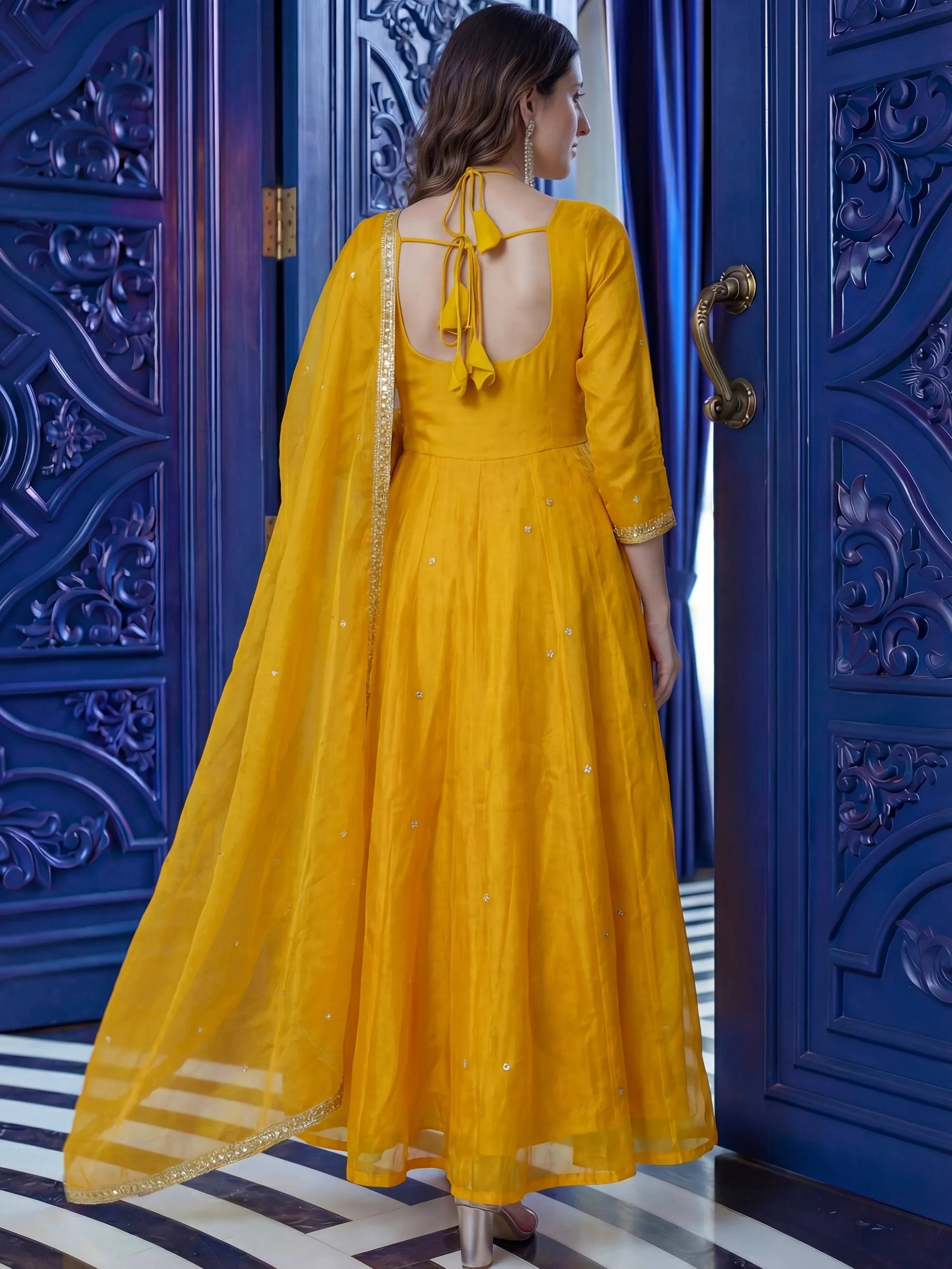 Beautiful Mustard Yellow Sequins Silk Haldi Wear Anarkali Gown