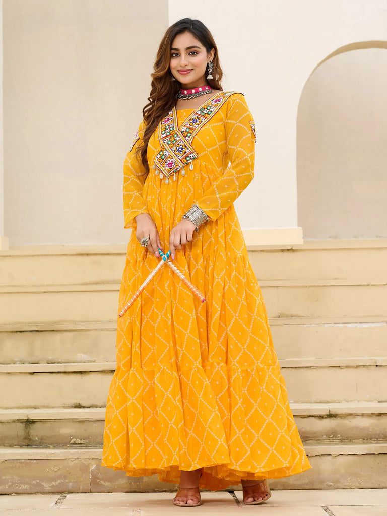 Fantastic Mustard Yellow Patch Work Georgette Navratri Wear Gown