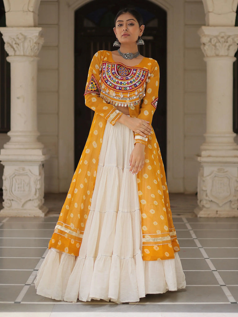 Stunning Yellow Georgette Bandhani Printed Designer Kurti With Lehenga