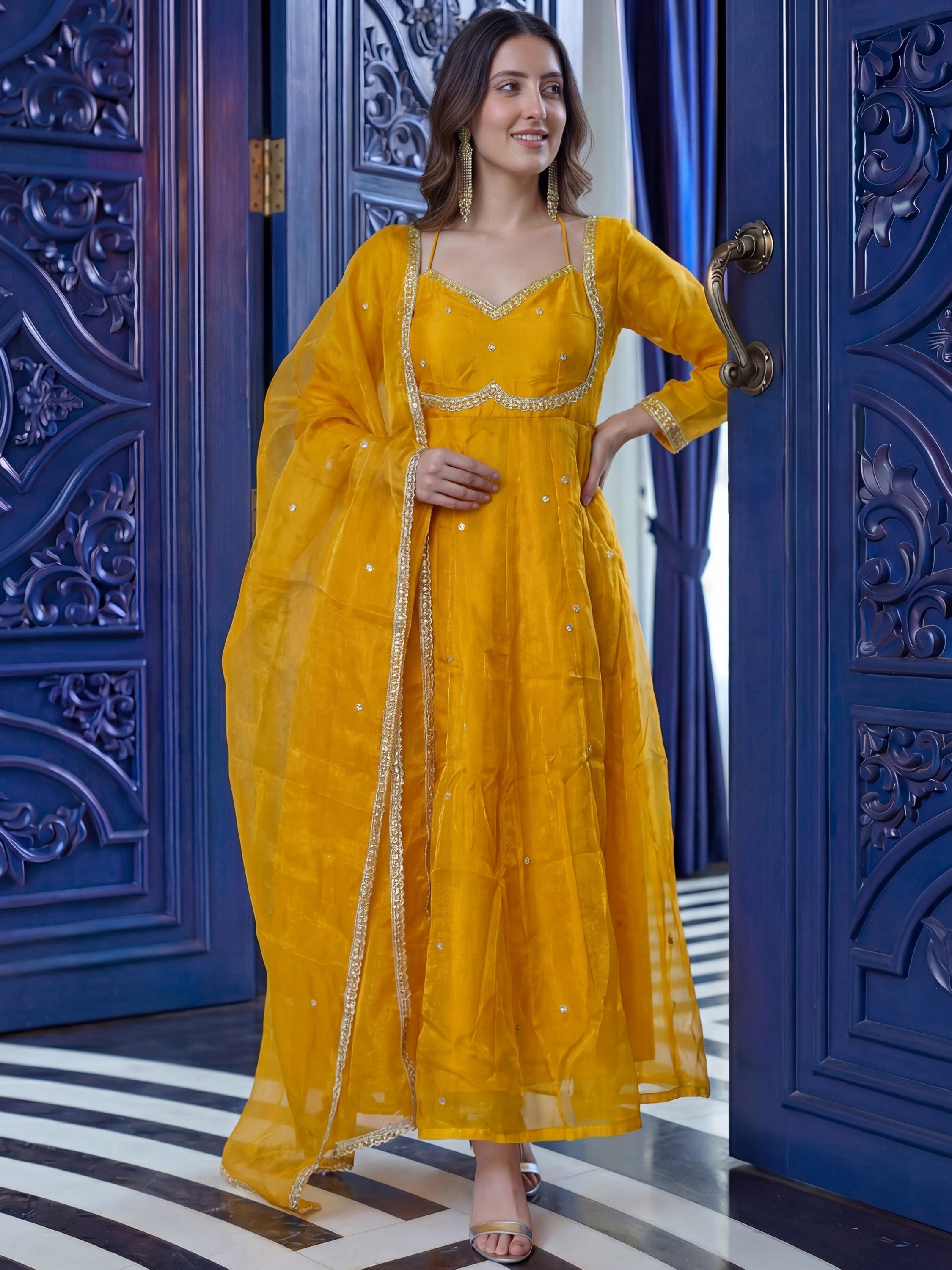 Beautiful Mustard Yellow Sequins Silk Haldi Wear Anarkali Gown