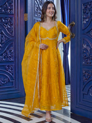 Beautiful Mustard Yellow Sequins Silk Haldi Wear Anarkali Gown