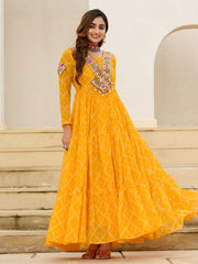 Fantastic Mustard Yellow Patch Work Georgette Navratri Wear Gown