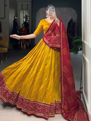Elegant Yellow Silk Bandhani Printed Haldi Wear Lehenga Choli
