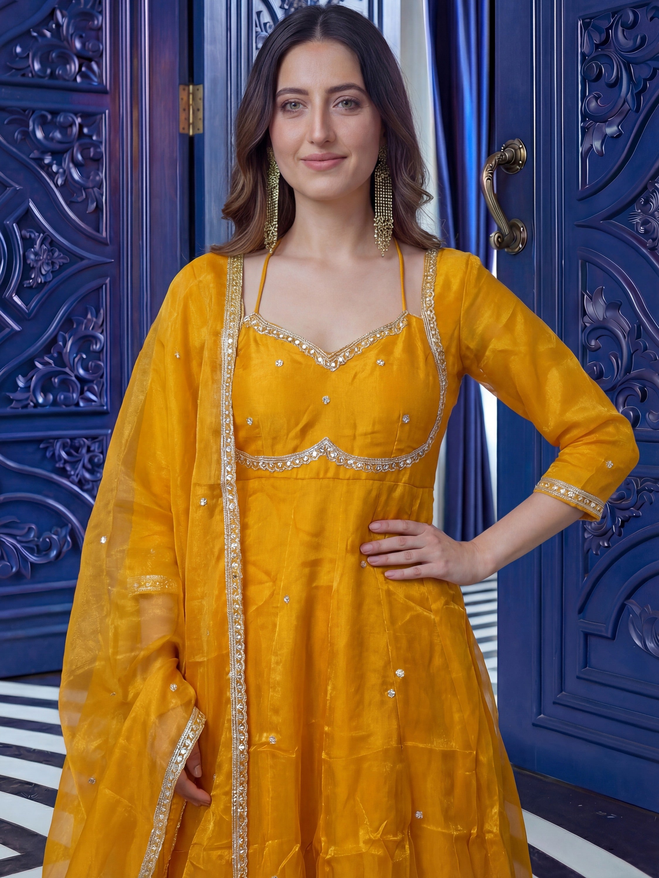 Beautiful Mustard Yellow Sequins Silk Haldi Wear Anarkali Gown