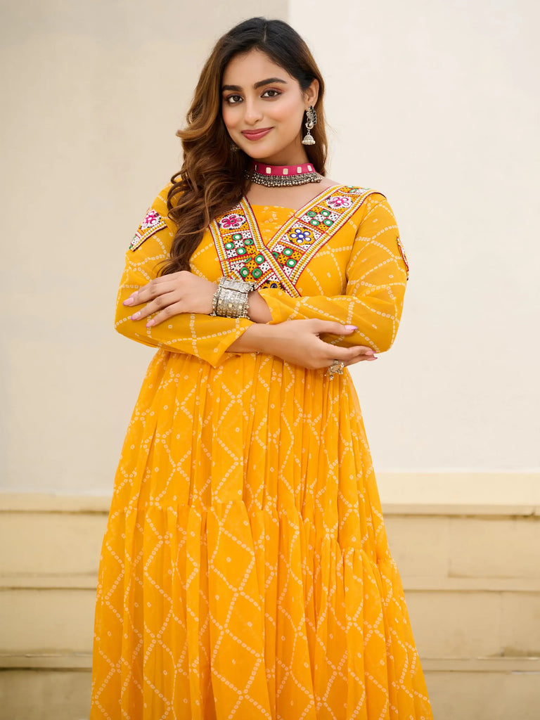 Fantastic Mustard Yellow Patch Work Georgette Navratri Wear Gown