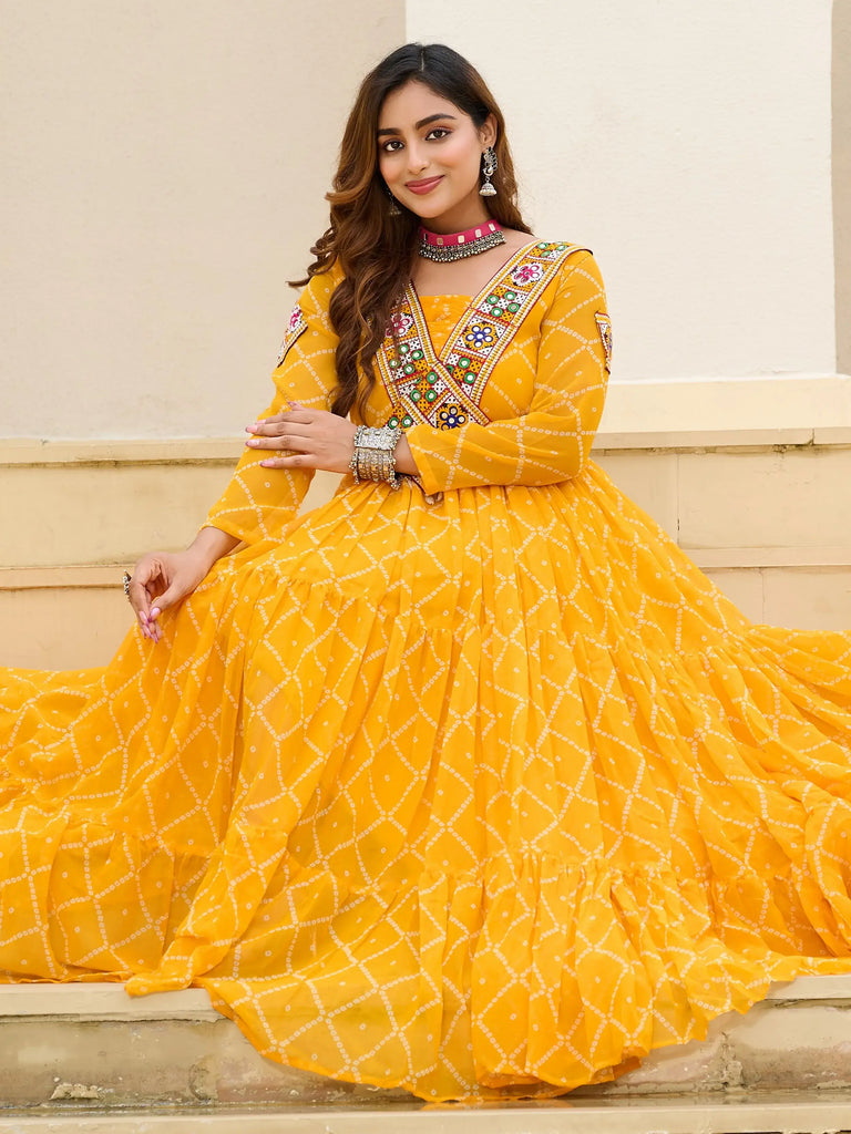 Fantastic Mustard Yellow Patch Work Georgette Navratri Wear Gown