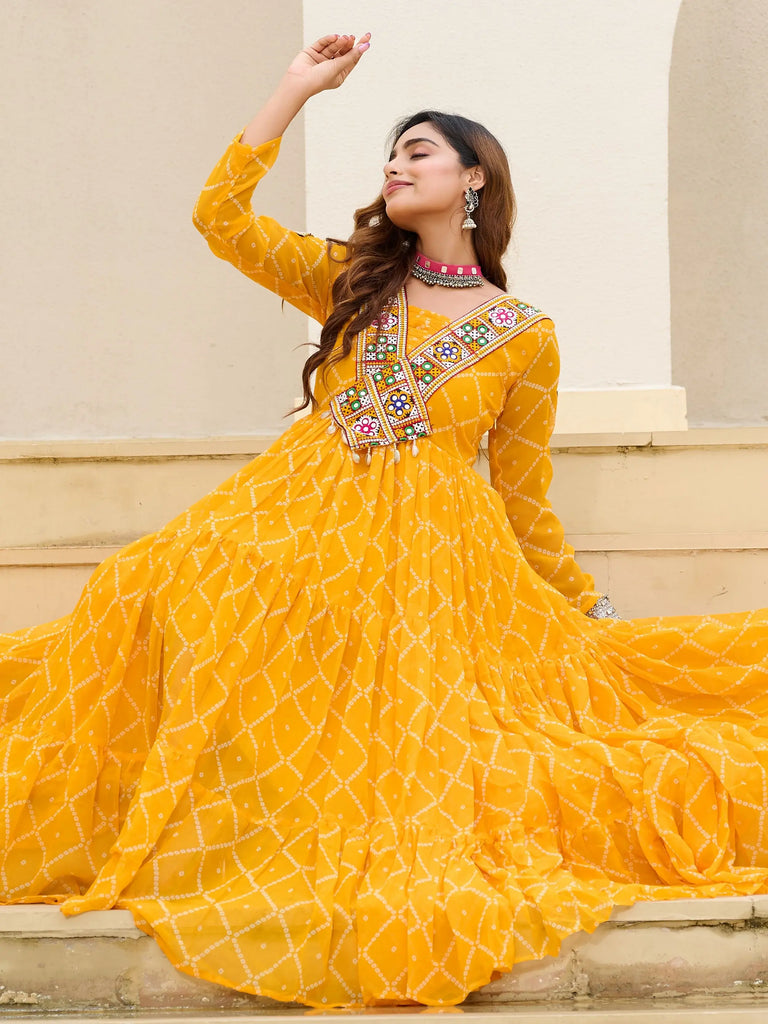 Fantastic Mustard Yellow Patch Work Georgette Navratri Wear Gown