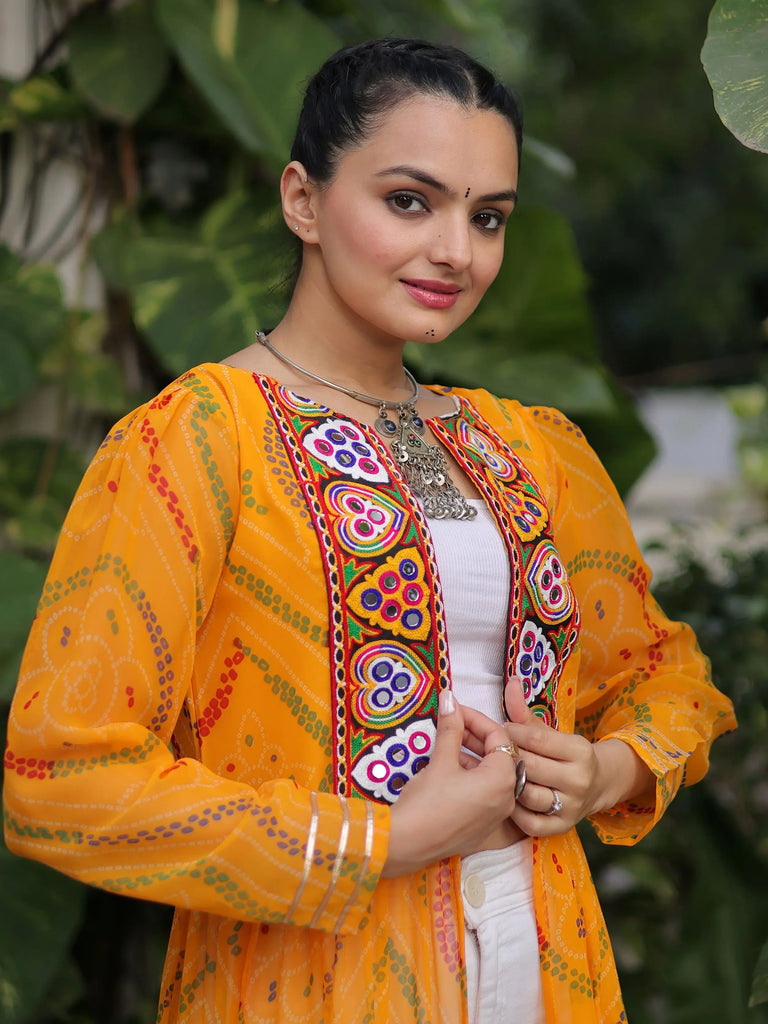 Timeless Yellow Georgette Embroidered Traditional Long Shrug