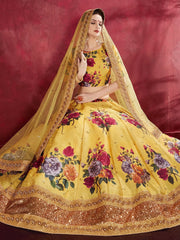 Yellow Floral Printed Banglori Silk Bridal Lehenga Choli With Dupatta