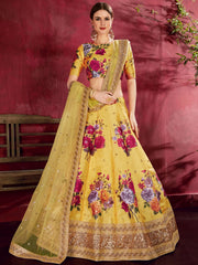 Yellow Floral Printed Banglori Silk Bridal Lehenga Choli With Dupatta