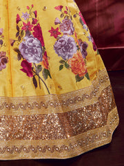 Yellow Floral Printed Banglori Silk Bridal Lehenga Choli With Dupatta