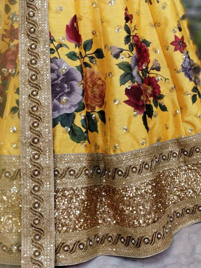 Yellow Floral Digital Printed Art Silk Bridal Lehenga Choli