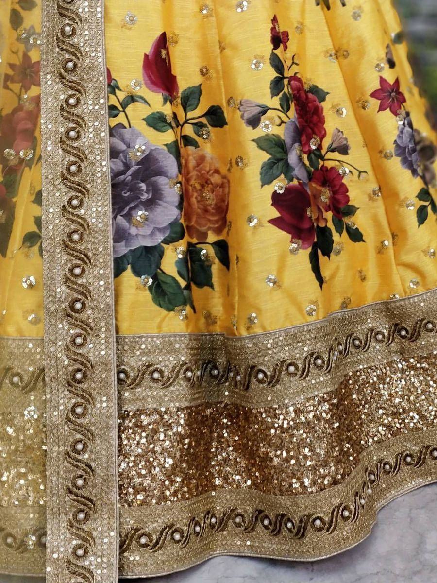 Yellow Floral Digital Printed Art Silk Bridal Lehenga Choli