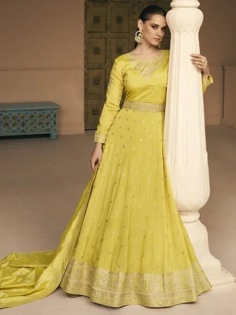 Prominent Yellow Embroidery Silk Ready-Made Festive Wear Gown