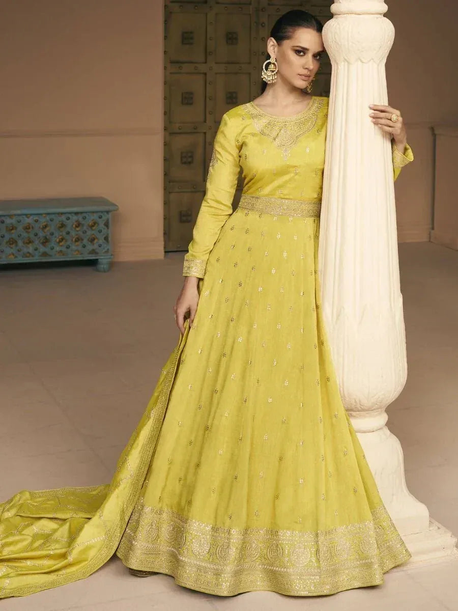 Yellow embroidered anarkali suit with gold detailing, perfect for Indian ethnic occasions
