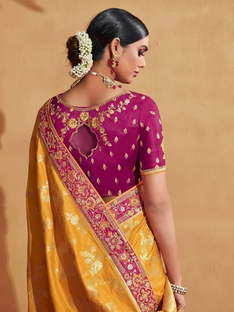 Glamorous Yellow Zari Embroidery Silk Wedding Saree With Blouse