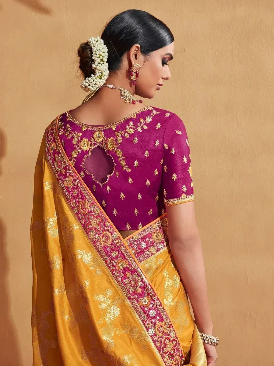 Glamorous Yellow Zari Embroidery Silk Wedding Saree With Blouse
