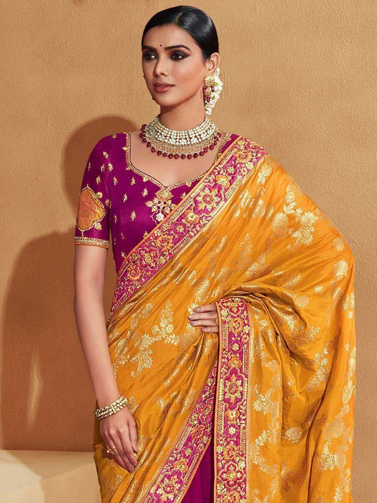 Glamorous Yellow Zari Embroidery Silk Wedding Saree With Blouse