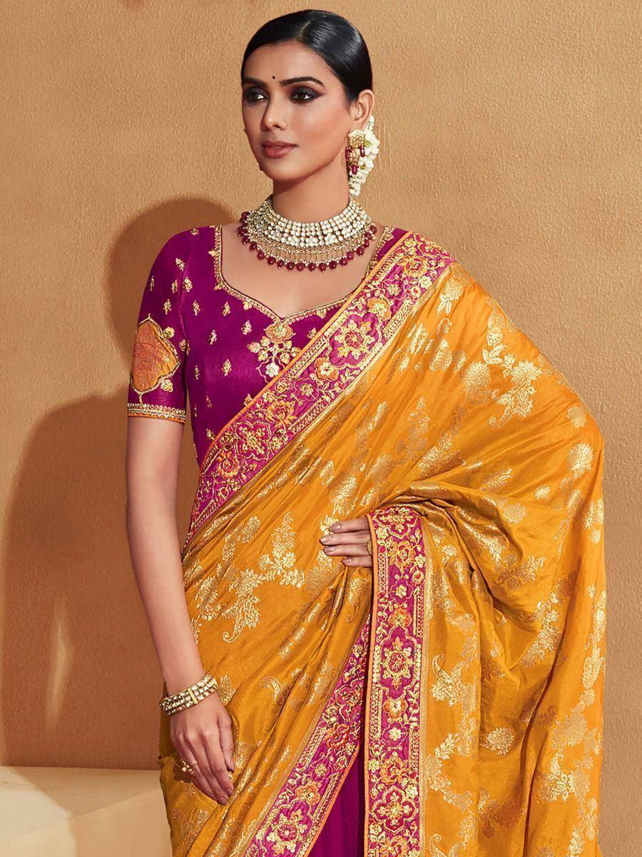 Glamorous Yellow Zari Embroidery Silk Wedding Saree With Blouse