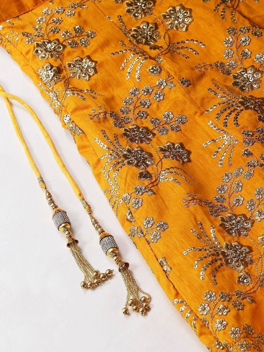 Mustard yellow ethnic blouse with floral sequin embroidery and tassel ties