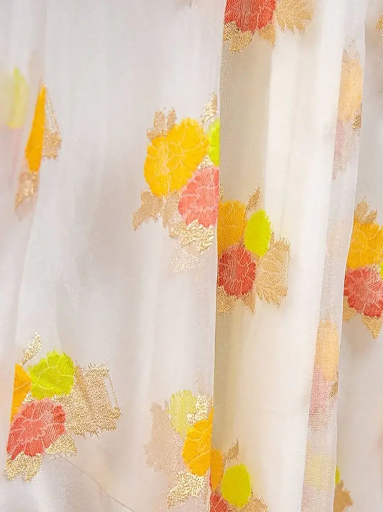 Lavish White Floral Woven Organza Party Lehenga With Green Choli