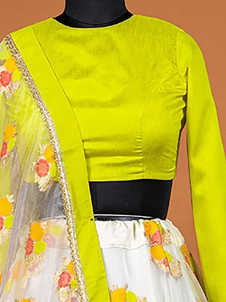 Lavish White Floral Woven Organza Party Lehenga With Green Choli