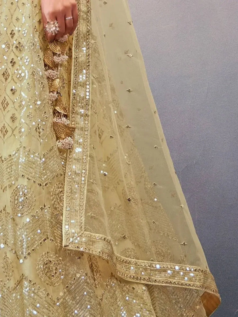 Fascinating Cream Sequined Butterfly Net Reception Party Lehenga Choli