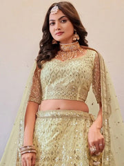 Fascinating Cream Sequined Butterfly Net Reception Party Lehenga Choli